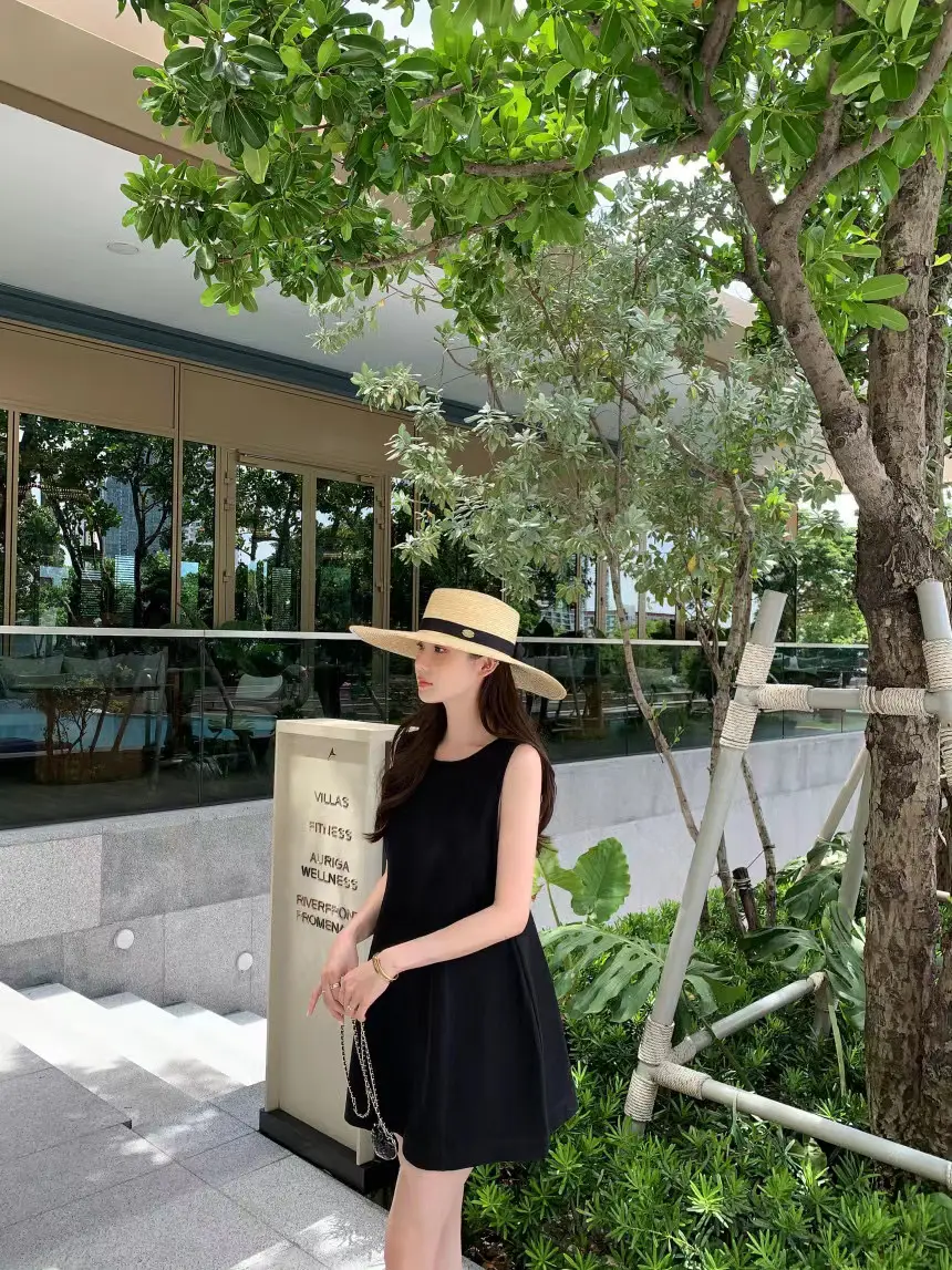 한국 스타일 블랙 무소매 원피스 상세 이미지 6