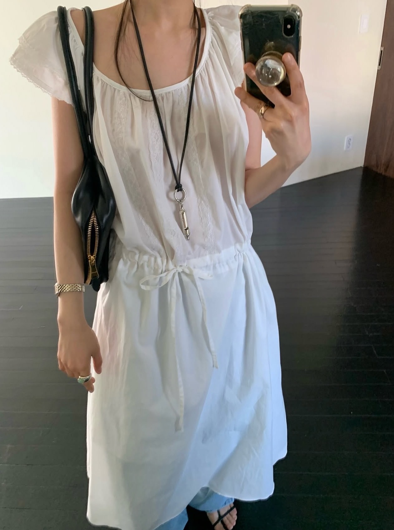 한국 chic 여름 새로운 품격 Feifei 소매 레이스 측면 다용도 펌프 로프 허리 수축 슬림해 보이는 길다 드레스