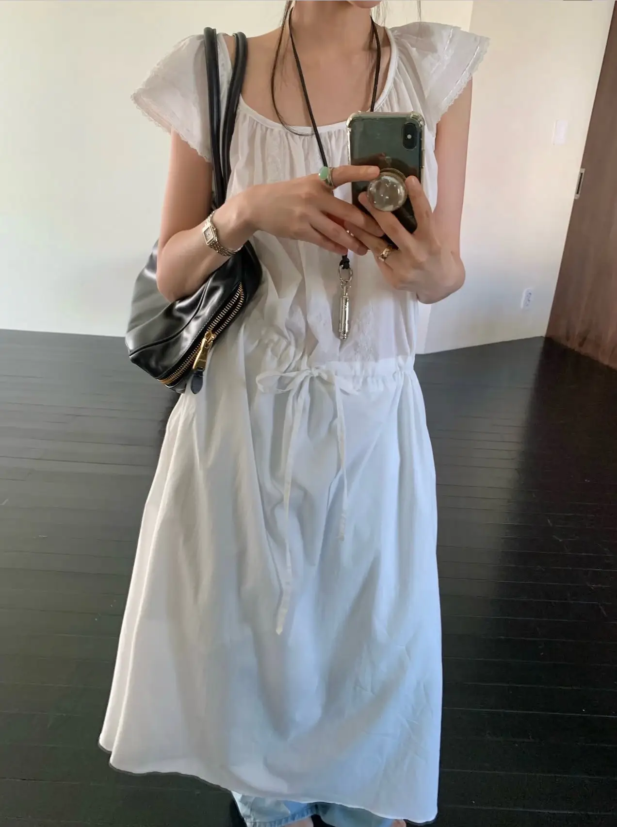 러플 소매 레이스 허리 셔링 원피스 상세 이미지 1
