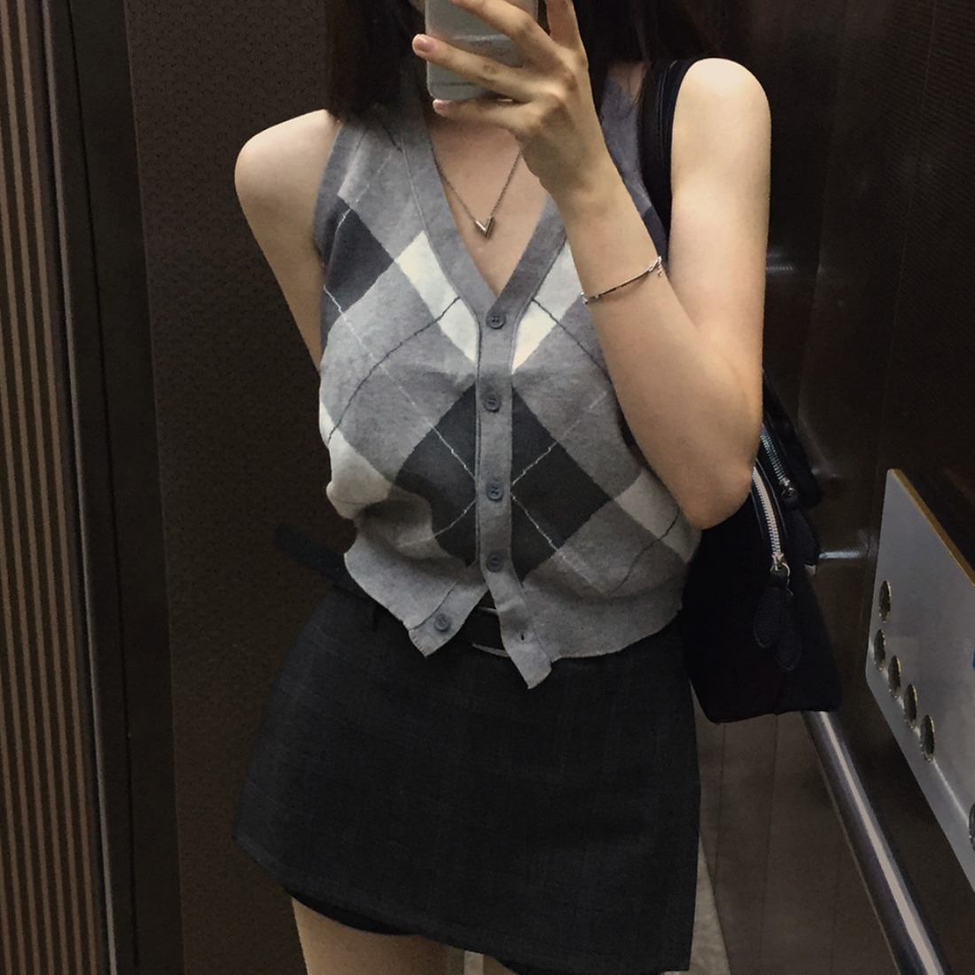 있음 선적 사이즈 업데이트 한국 chic 여름 새로운 프랑스식 디자인 센스 행침 목 링 체크무늬 니트 조끼