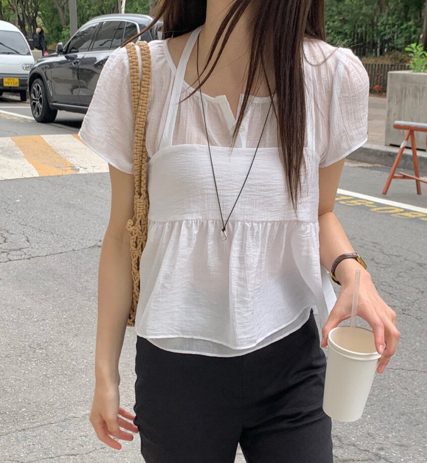 한국 chic 여름 새로운 품격 단색 반팔 행침 목 슬립 투피스 세트