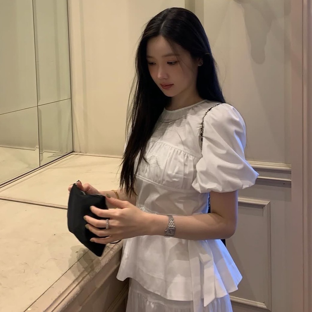 한국 chic 여름 새로운 라운드 넥 주름 허리 수축 레이스업 슬림해 보이는 반팔 셔츠