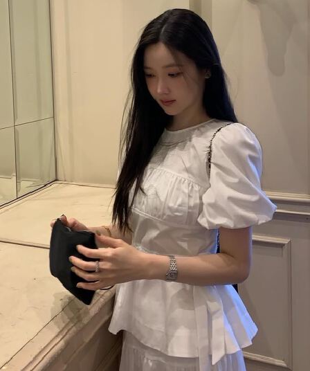 있음 선적 한국 chic 여름 새로운 라운드 넥 주름 허리 수축 레이스업 슬림해 보이는 반팔 셔츠