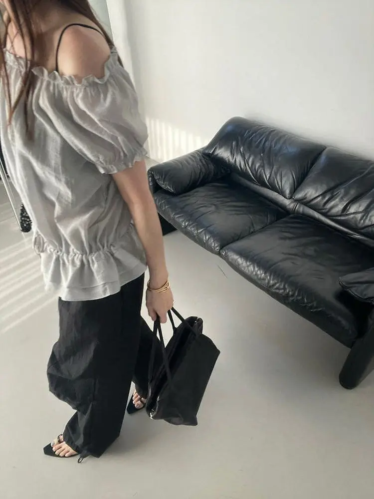 밴딩 오프숄더 끈 조임 반소매 블라우스 상세 이미지 4