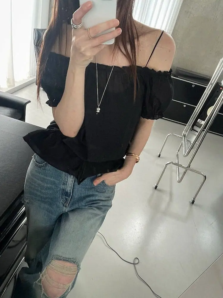밴딩 오프숄더 끈 조임 반소매 블라우스 상세 이미지 5