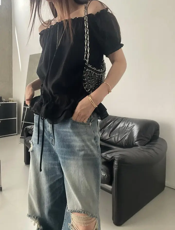 밴딩 오프숄더 끈 조임 반소매 블라우스 상세 이미지 9
