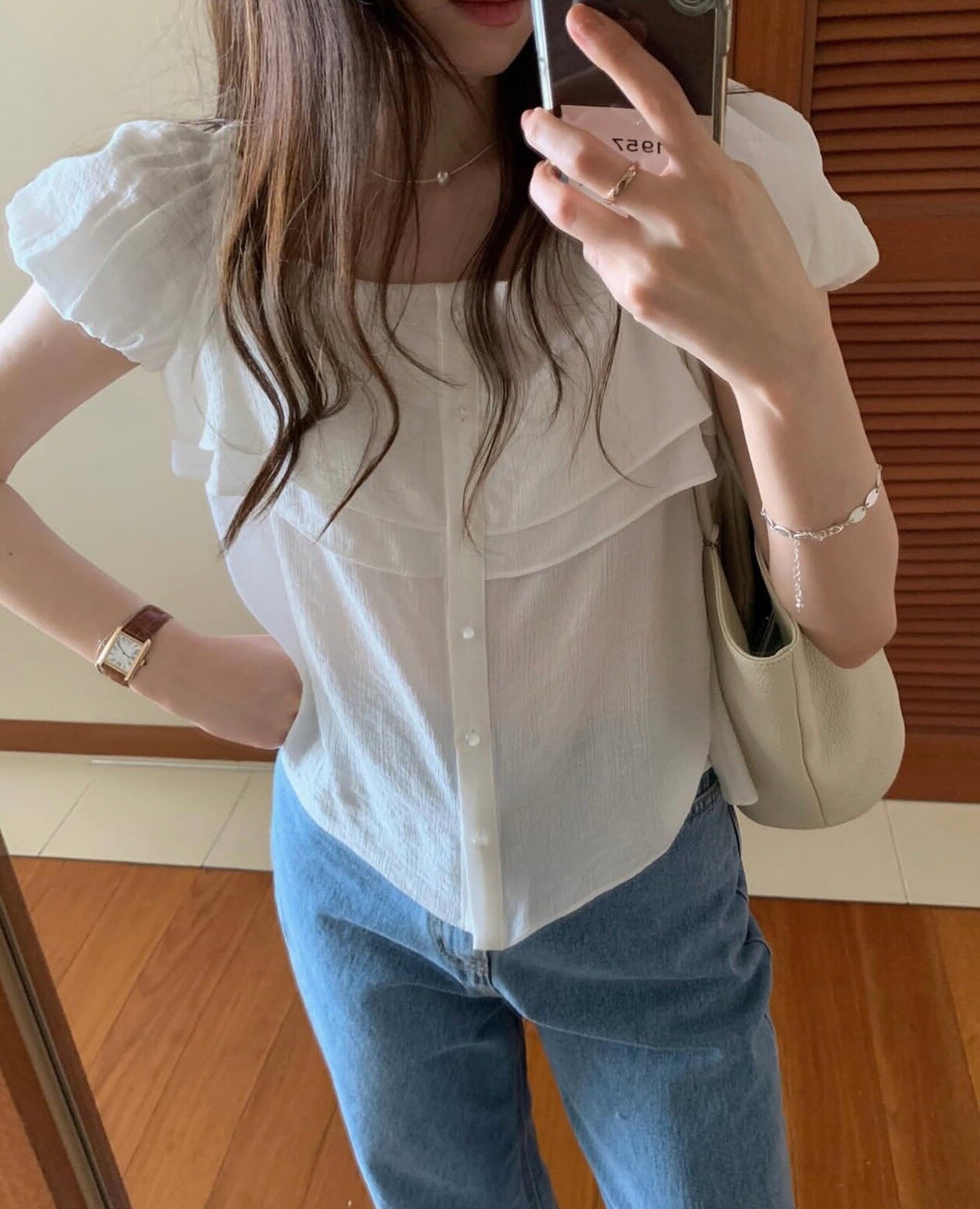 한국 chic 여름 새로운 달콤함 디자인 센스 광장 칼라 단추 작은 꽃밭 소매 반팔 셔츠