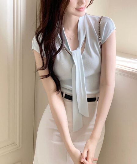 있음 선적 chic 여름 새로운 ins 디자인 센스 프랑스식 달콤함 레이스업 얇은 스타일 품격 반팔 니트 스웨터