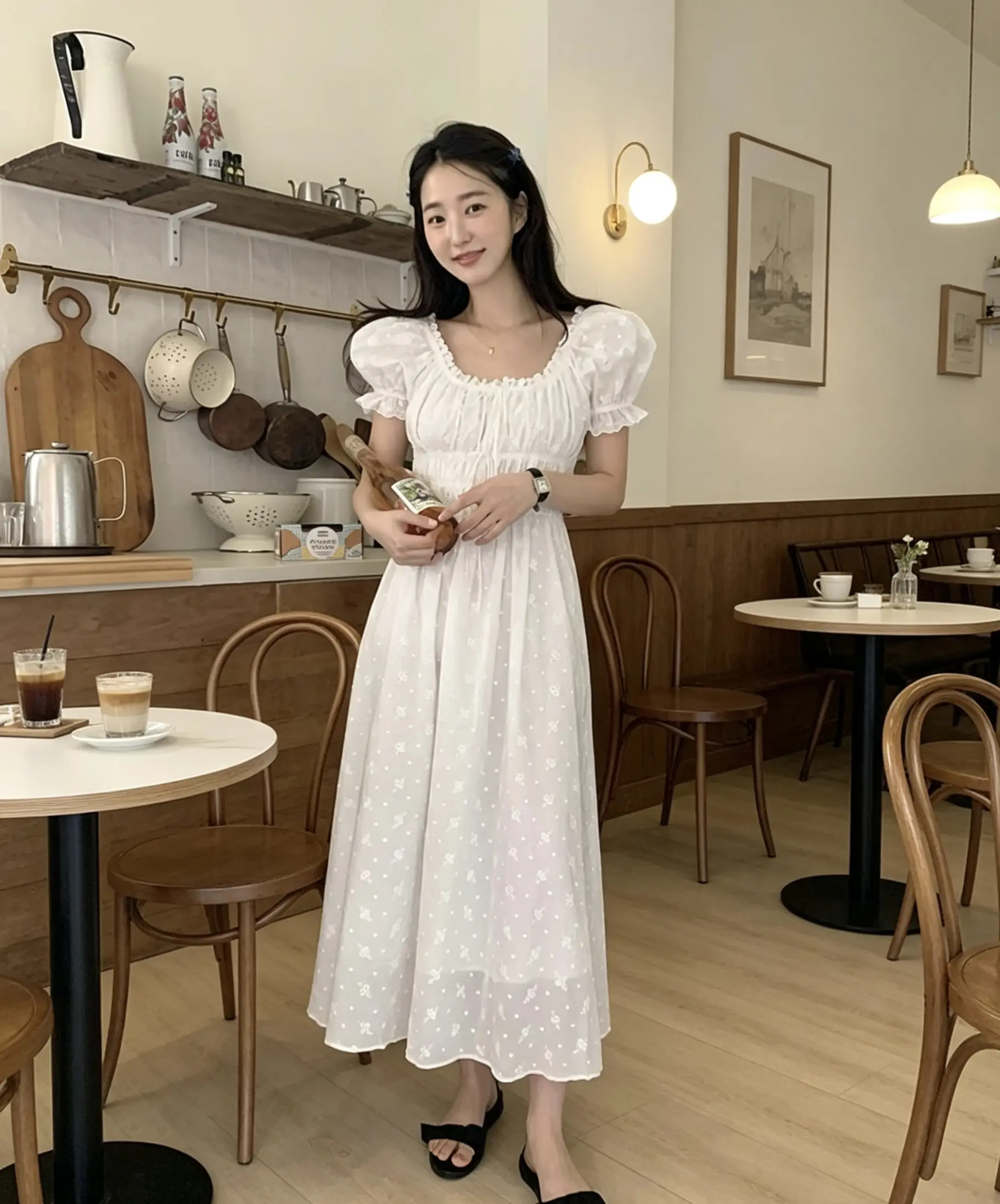 자수 자카드 주름 허리 라인 원피스 상세 이미지 1