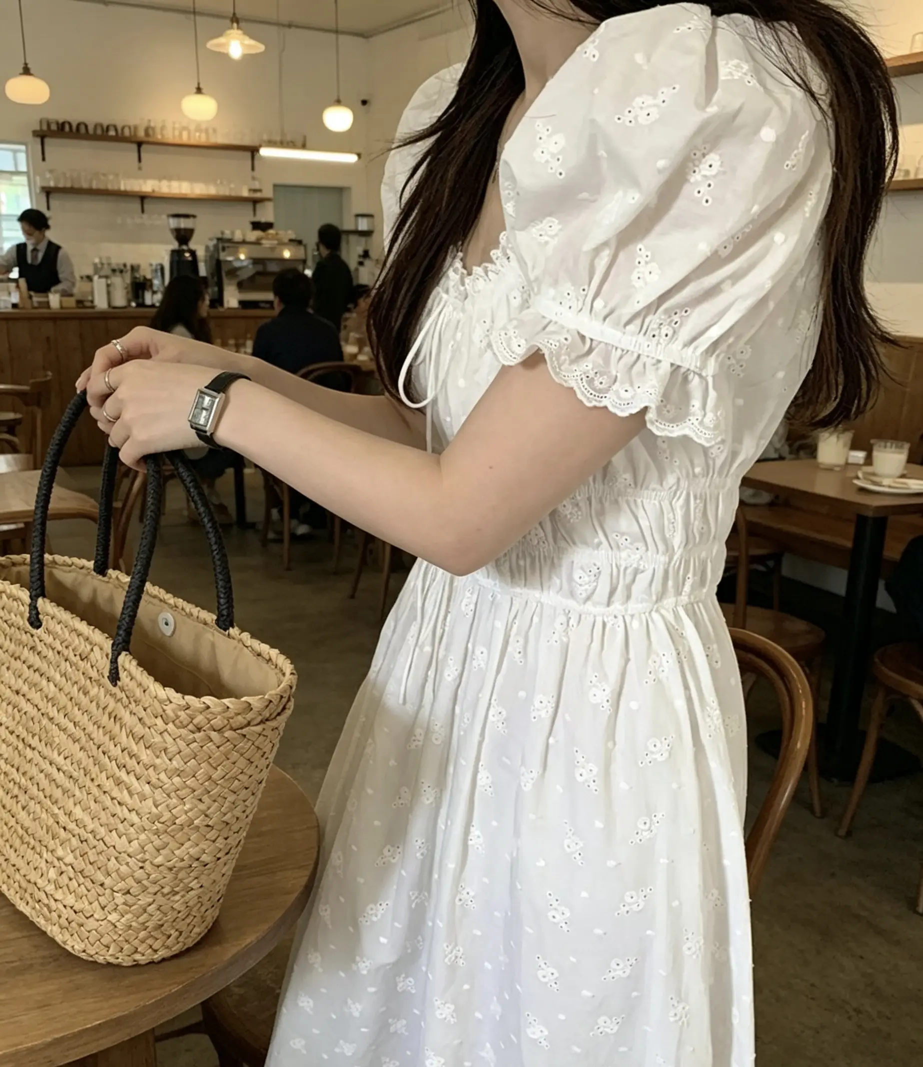 자수 자카드 주름 허리 라인 원피스 상세 이미지 2