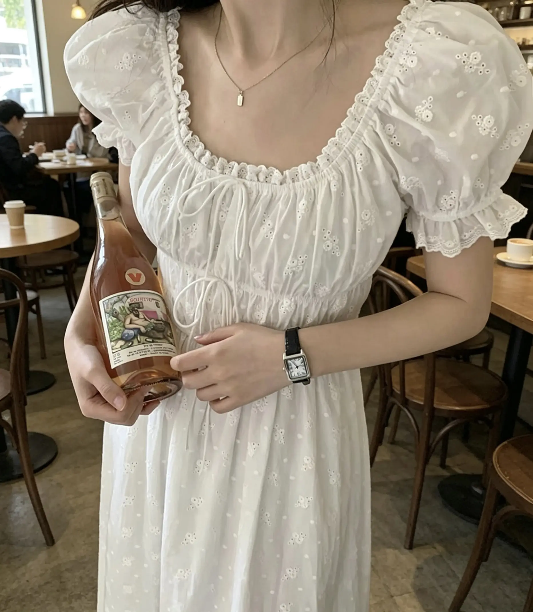 자수 자카드 주름 허리 라인 원피스 상세 이미지 6