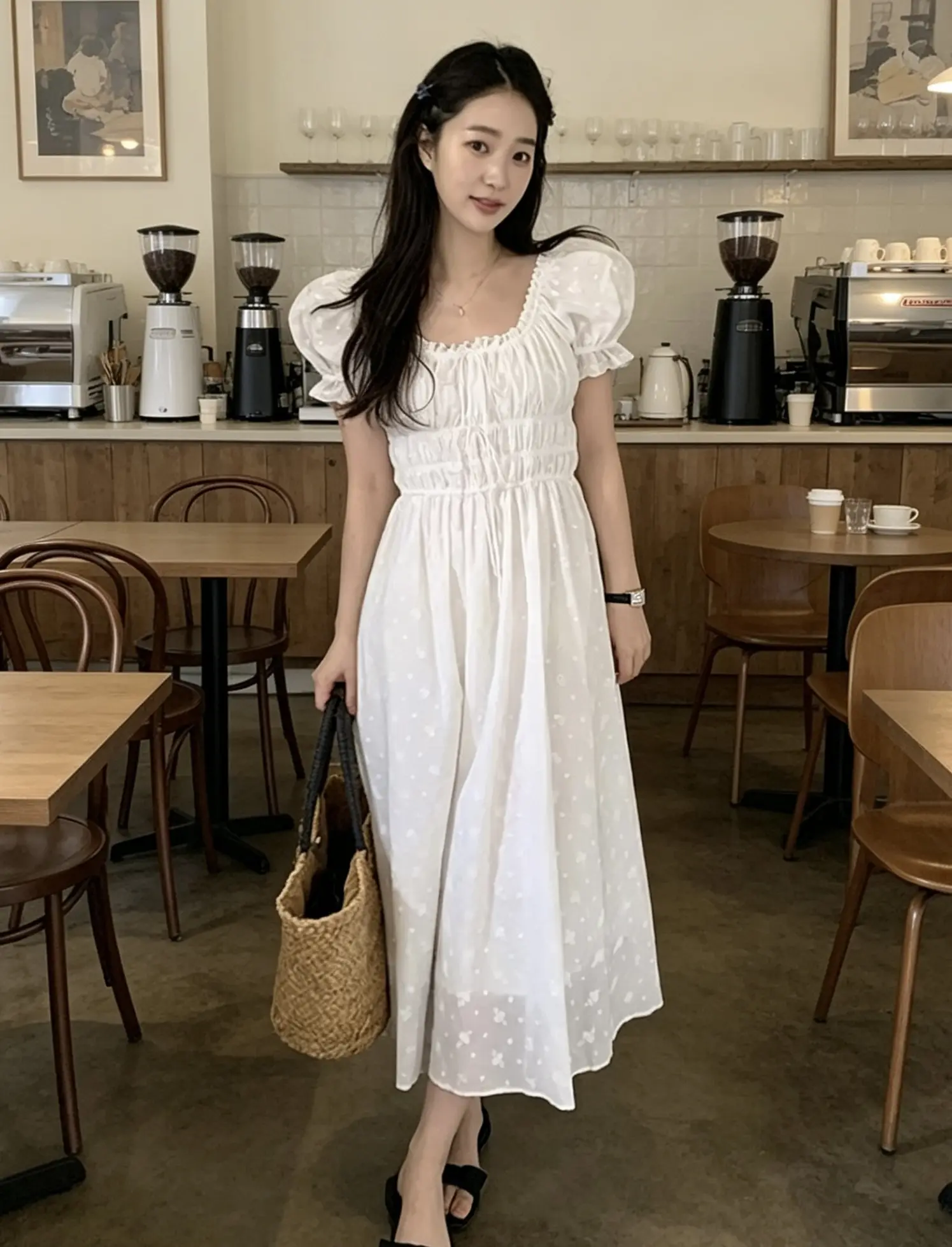 자수 자카드 주름 허리 라인 원피스 상세 이미지 7
