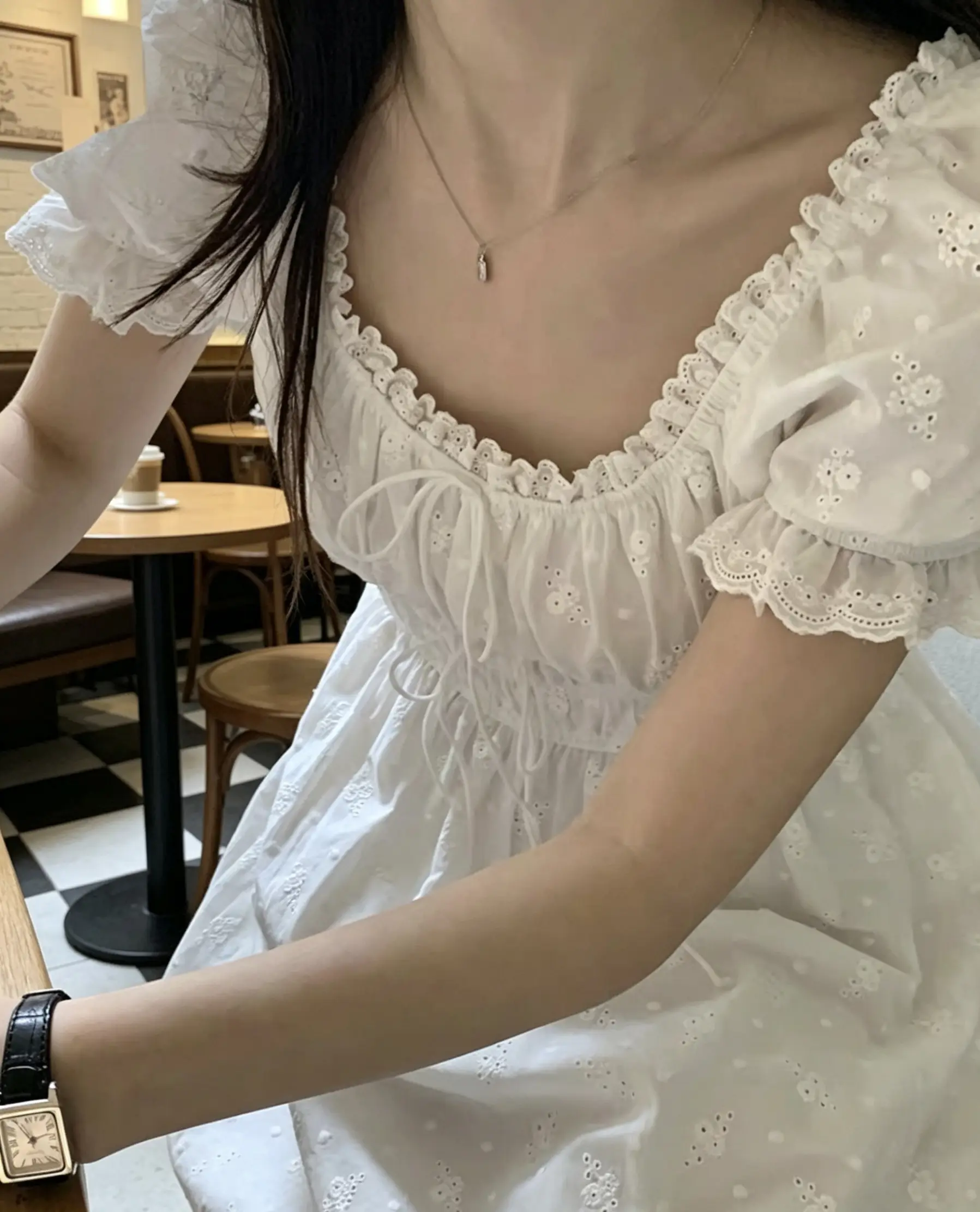 자수 자카드 주름 허리 라인 원피스 상세 이미지 11