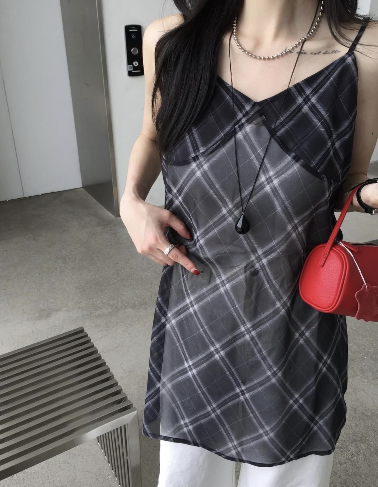 있음 선적 사이즈 업데이트 한국 chic 여름 새로운 프랑스식 레트로 체크무늬 수 있습니다. 스택 착용 캐미솔