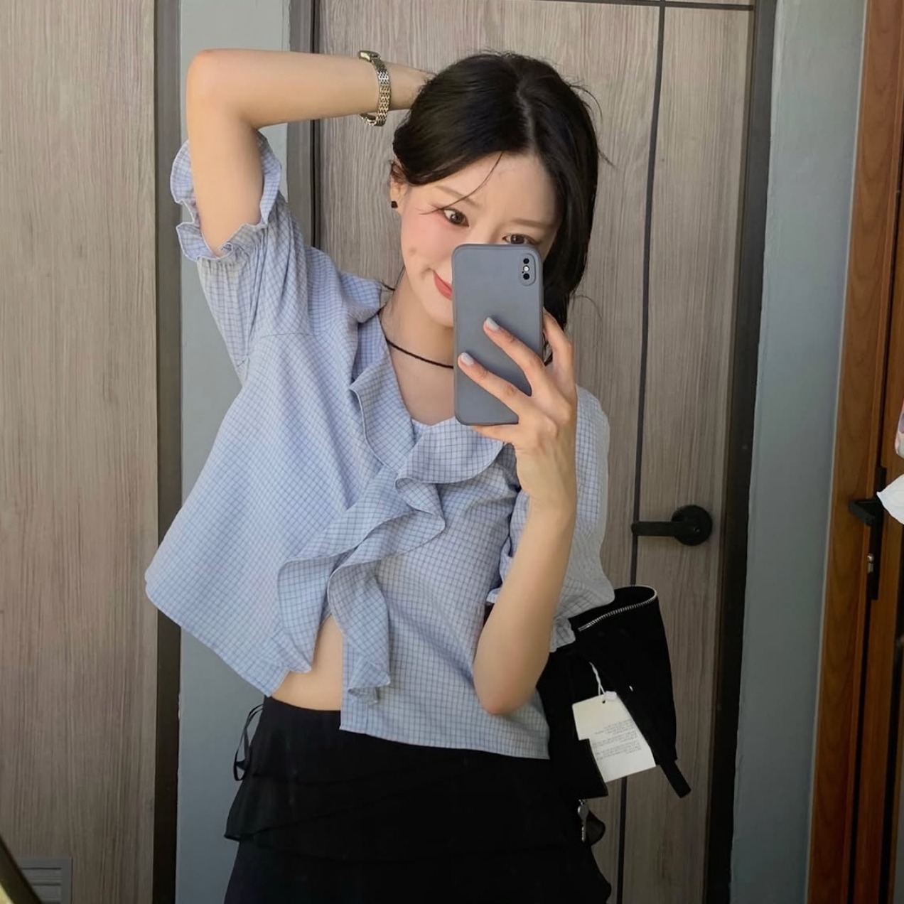 한국 chic 여름 새로운 ins 레트로 레이스 칼라 다용도 체크무늬 반팔 셔츠
