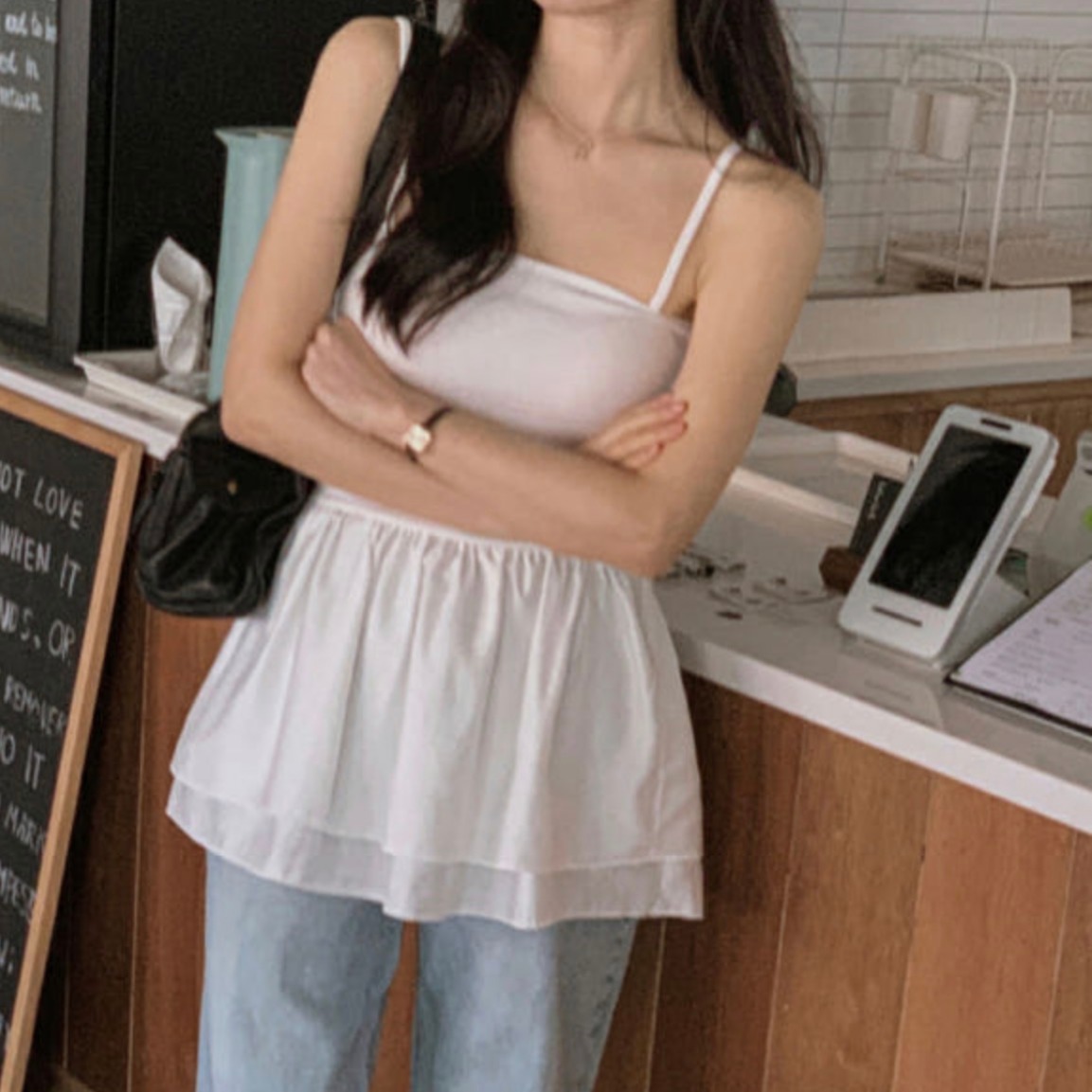 있음 선적 사이즈 업데이트 한국 chic 여름 새로운 레트로 미니멀리즘 인사이드 가져 가라. 프릴 슬립 드레스