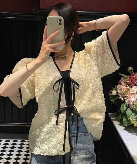 있음 선적 사이즈 업데이트 chic 프랑스식 장미 레이스업 거품 소매 여성 코트 루즈핏 품격 오픈 가디건