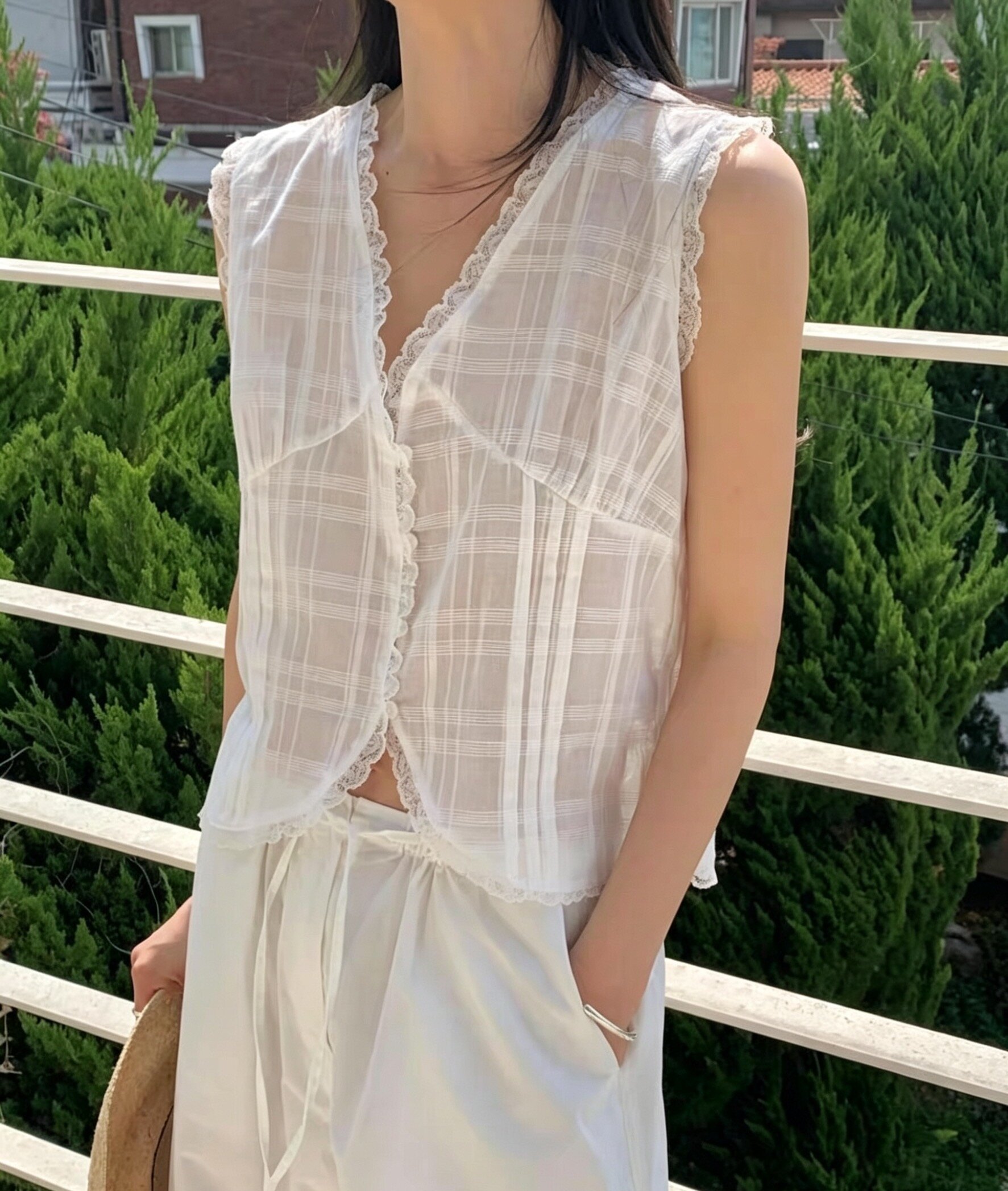 한국 chic 여름 새로운 ins 얇은 스타일 체크무늬 레이스 레이스 민소매 셔츠