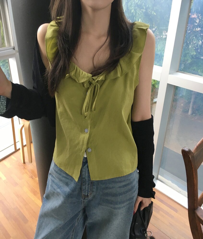 한국 chic 여름 새로운 ins 연꽃 잎 레이스 레이스업 칼라 인형 민소매 단추 셔츠