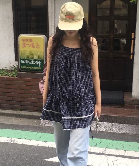 있음 선적 사이즈 업데이트 한국 chic 여름 새로운 한 부서 달콤함 체크무늬 민소매 조끼 펌프 로프 드레스
