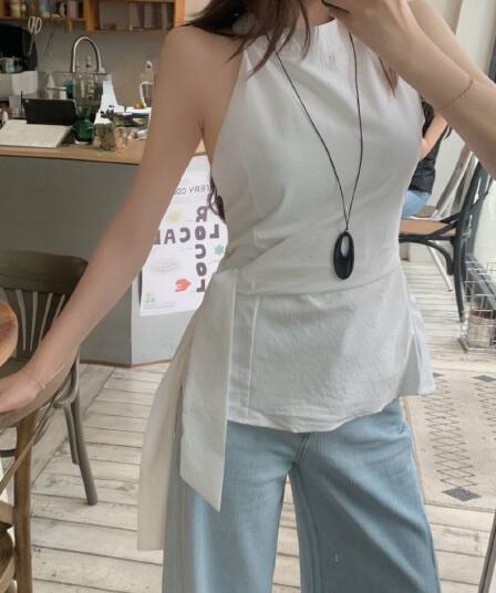 있음 선적 사이즈 업데이트 한국 chic 여름 새로운 ins 디자인 센스 행침 목 허리 수축 레이스업 민소매 셔츠