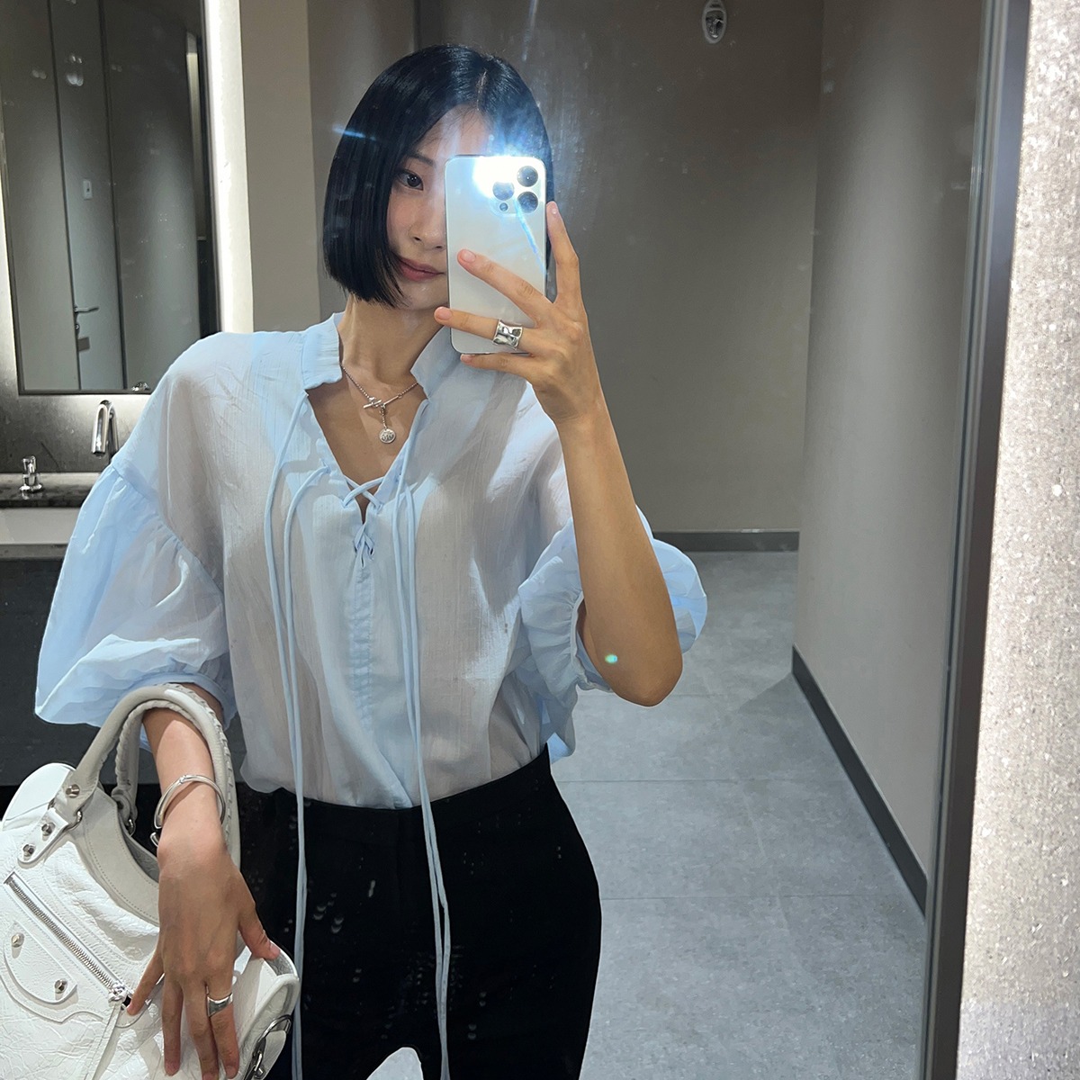 한국 chic 여름 새로운 ins 품격 느슨함 센스 레이스업 칼라 반팔 셔츠