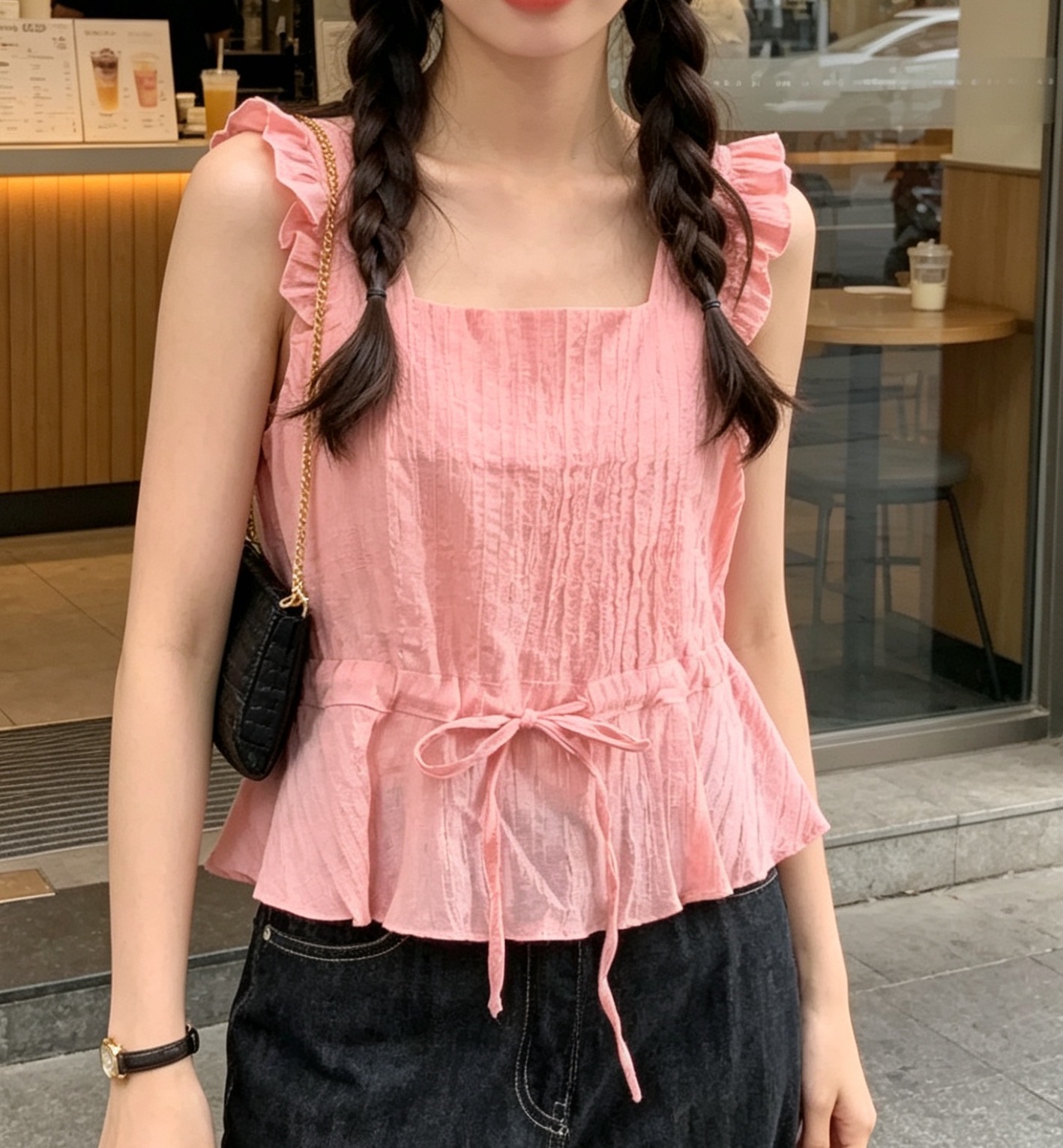 있음 선적 사이즈 업데이트 한국 chic 여름 새로운 디자인 섹션 몸매 가꾸기 레이스업 여성 짧은 맨위