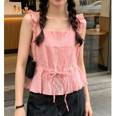 批发已出货尺码更新韩国chic夏季新款设计款修身系带女短款上衣
