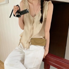 批发韩国chic夏季新款ins飘带领可爱木耳花边袖<b class='q'>甜美</b>百搭衫