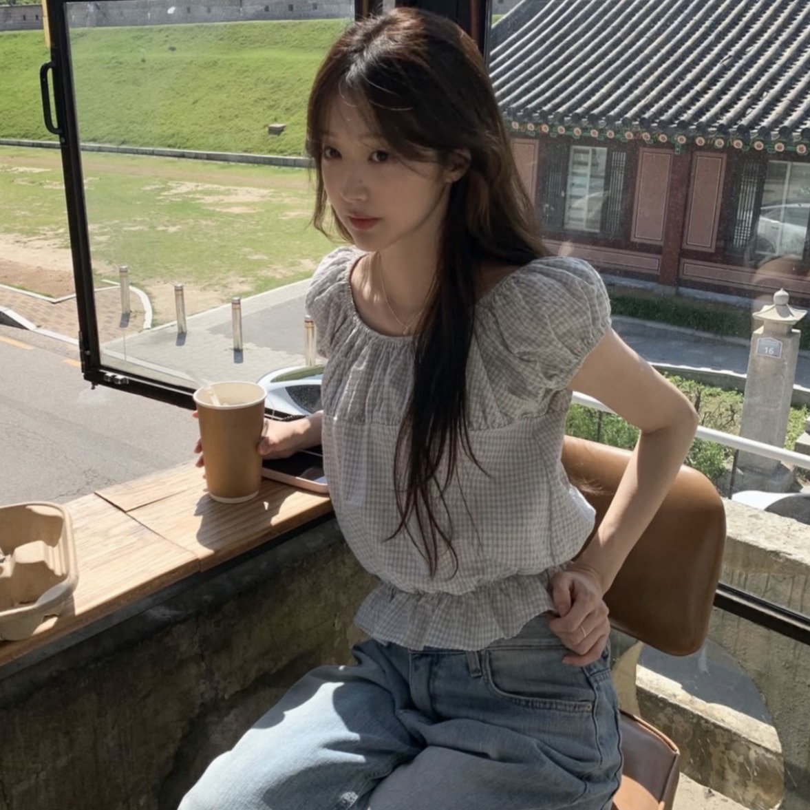 한국 chic 여름 새로운 ins 레트로 체크무늬 귀여운 밴딩 허리 수축 반팔 셔츠