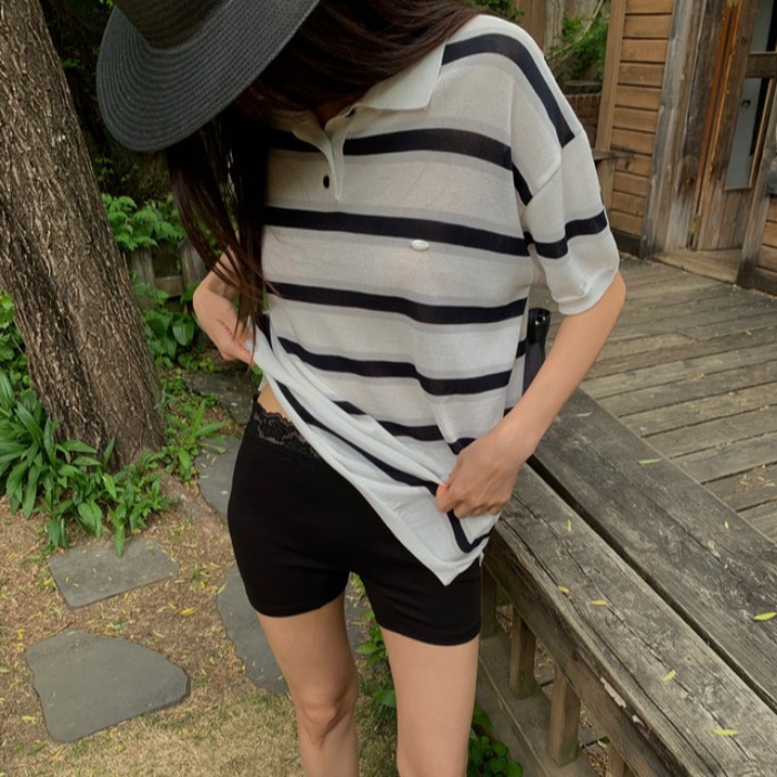 한국 chic 여름 새로운 POLO 칼라 얇은 스타일 스트라이프 패치워크 색상 느슨함 센스 니트 반팔 셔츠