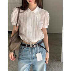 批发韩国chic夏季新款ins翻领<b class='q'>甜美</b>蕾丝边显瘦短袖衬衫