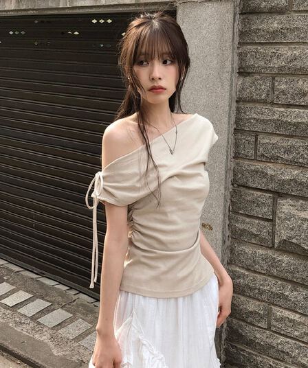 있음 선적 사이즈 업데이트 한국 chic 여름 새로운 순수한 욕망 바람 오프숄더 보트넥 허리 수축 슬림해 보이는 맨위