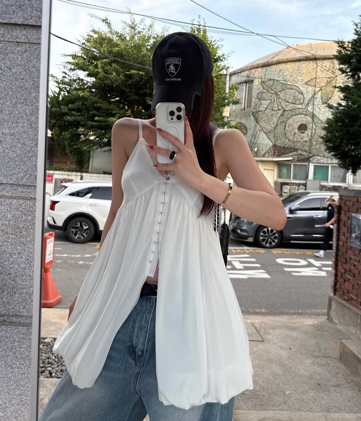 한국 chic 여름 새로운 ins 레이스 V넥 디자인 센스 꽃밭 측면 캐미솔