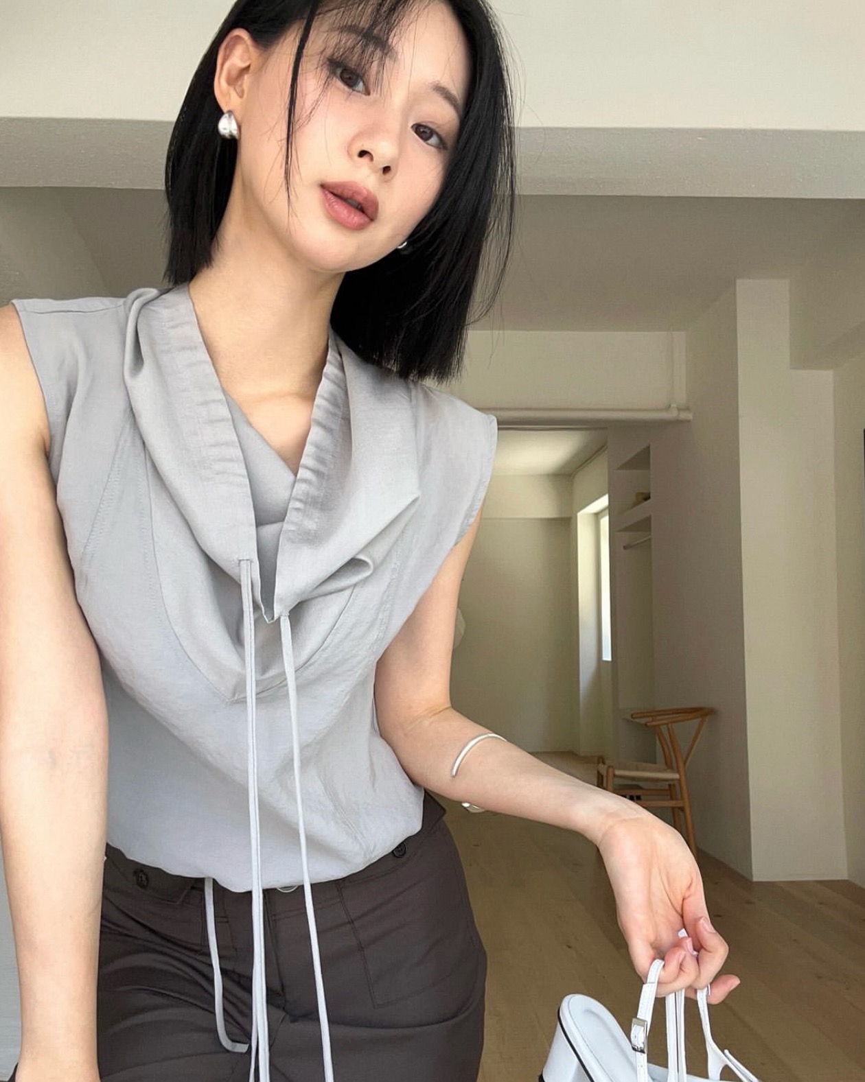 한국 chic 여름 새로운 ins 품격 리본 칼라 민소매 펌프 로프 조끼