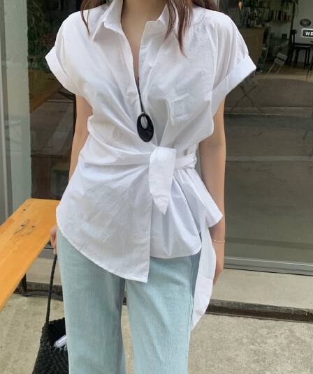 한국 chic 여름 새로운 ins 디자인 센스 경 사진 레이스업 슬림해 보이는 다용도 반팔 셔츠