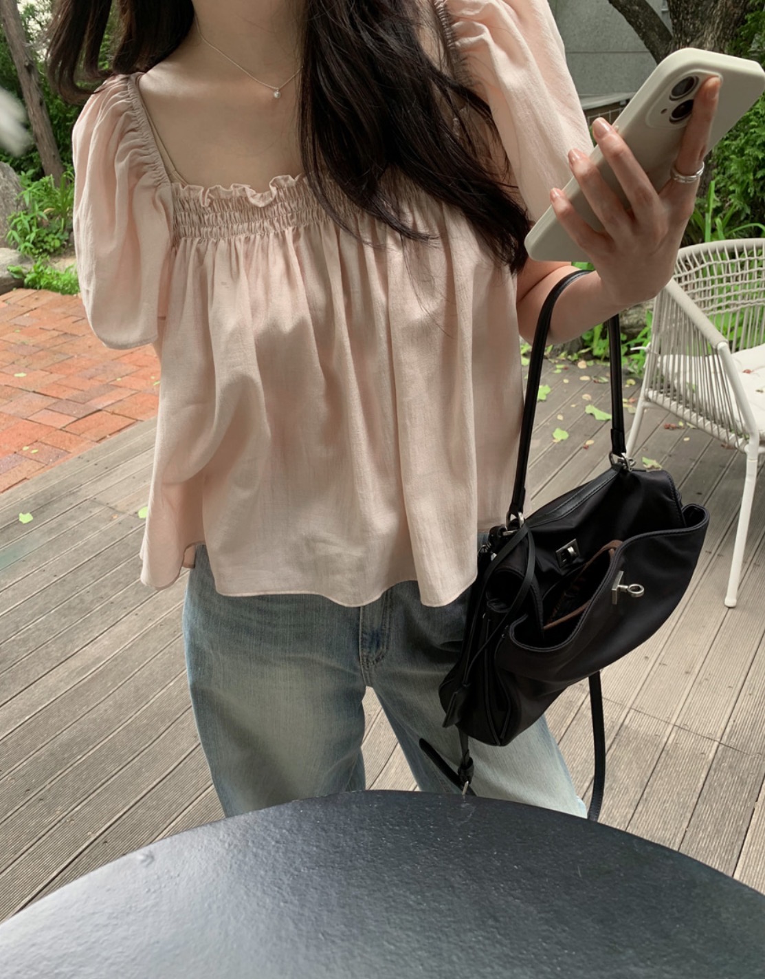 한국 chic 여름 새로운 ins 귀여운 주름 광장 칼라 품격 인형 반팔 셔츠