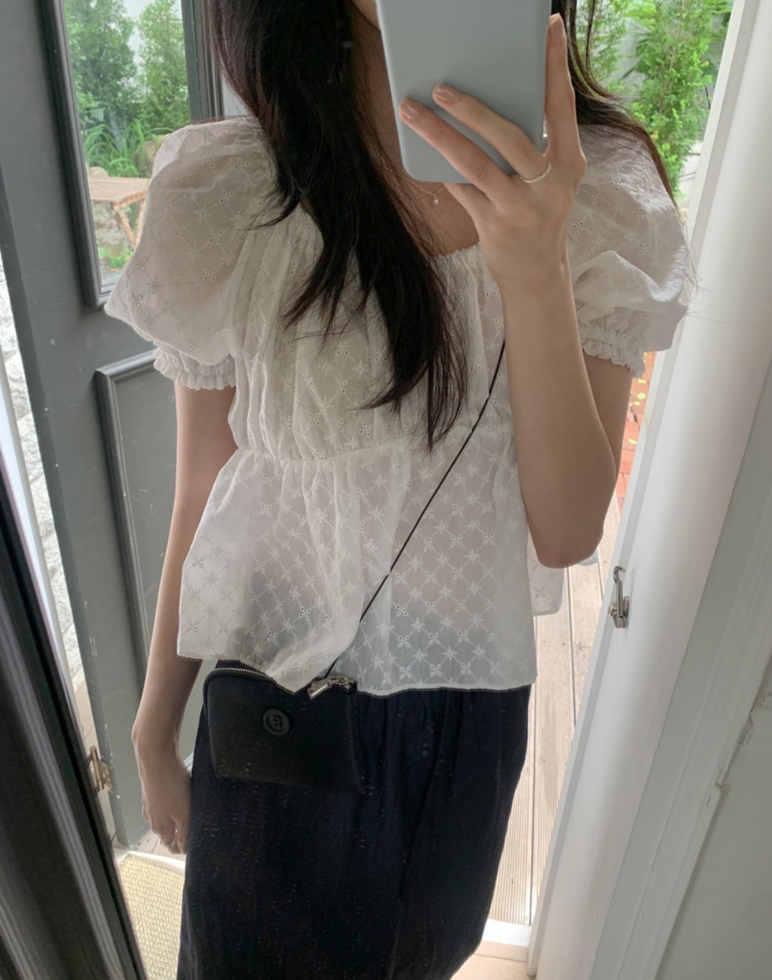 한국 chic 여름 새로운 ins 한 부서 달콤함 자카드 다용도 밴딩 반팔 셔츠