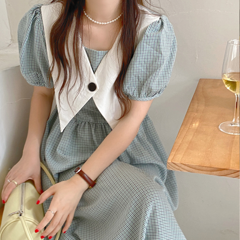 있음 선적 사이즈 업데이트 한국 chic 여름 체크무늬 빅 칼라 거품 소매 허리 수축 슬림해 보이는 드레스