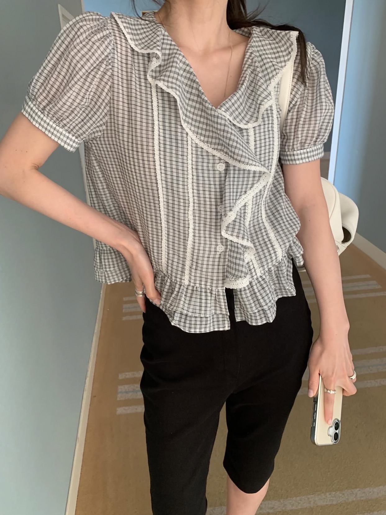 한국 chic 여름 새로운 ins 레트로 체크무늬 연꽃 잎 레이스 칼라 다용도 반팔 셔츠