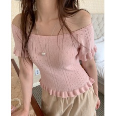 批发韩国chic夏季新款ins<b class='q'>甜美</b>可爱吊带露肩木耳花边短袖针织衫