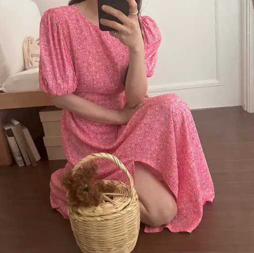 퍼프소매 슬릿 플라워 쉬폰 원피스 상세 이미지 1
