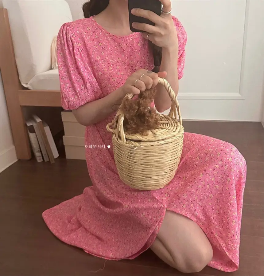 퍼프소매 슬릿 플라워 쉬폰 원피스 상세 이미지 2