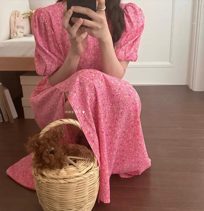 퍼프소매 슬릿 플라워 쉬폰 원피스 상세 이미지 3
