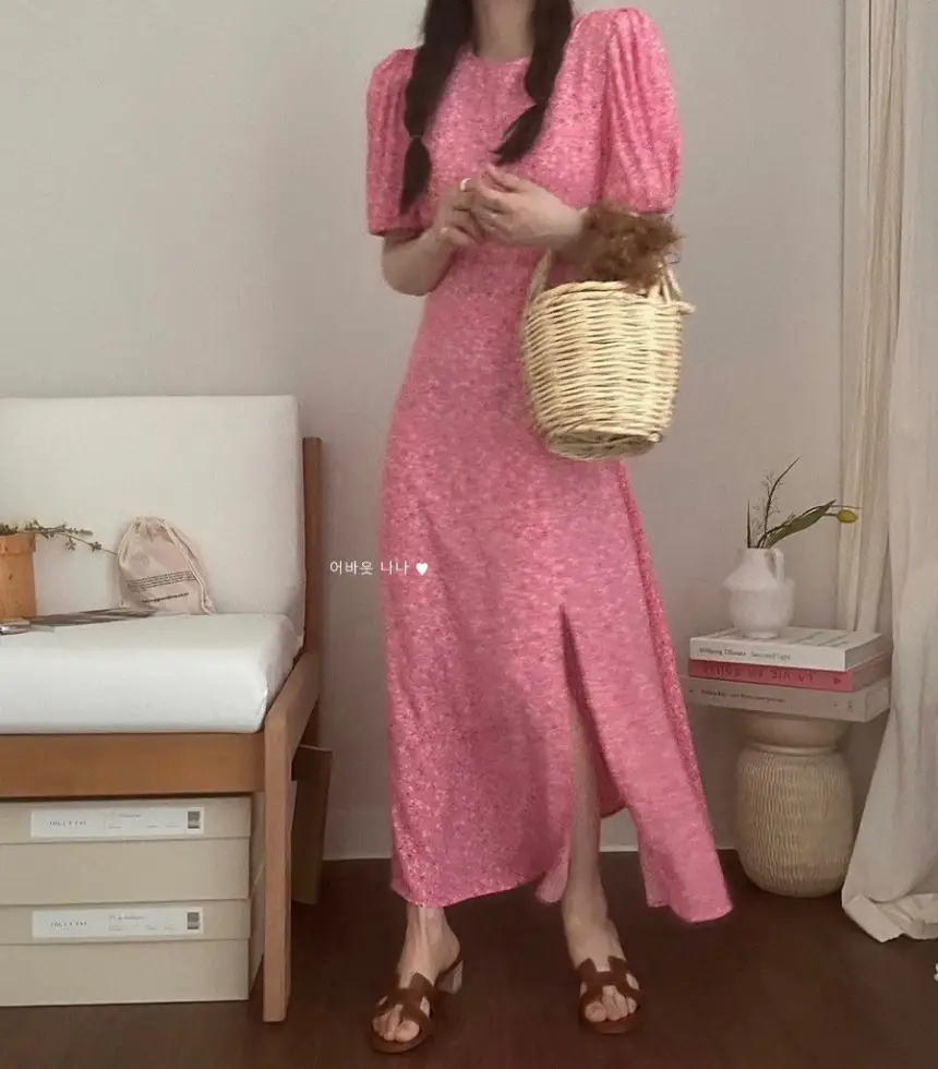 퍼프소매 슬릿 플라워 쉬폰 원피스 상세 이미지 6