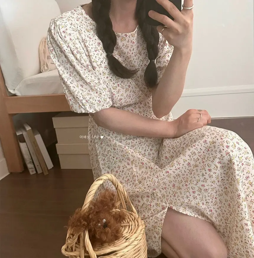 퍼프소매 슬릿 플라워 쉬폰 원피스 상세 이미지 23