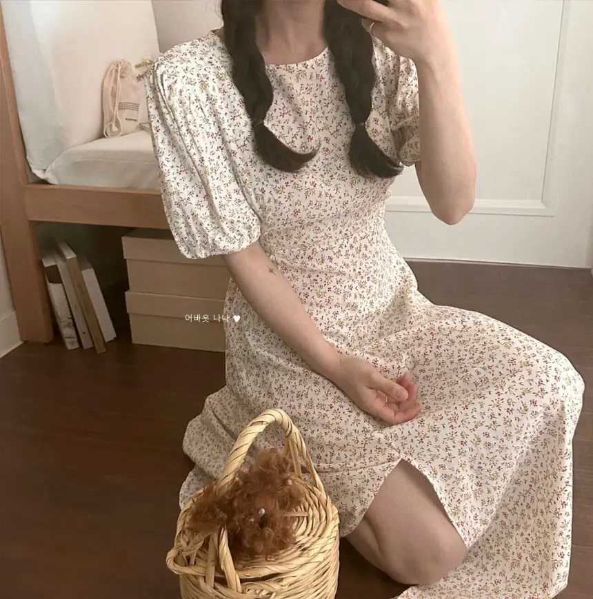 퍼프소매 슬릿 플라워 쉬폰 원피스 상세 이미지 24
