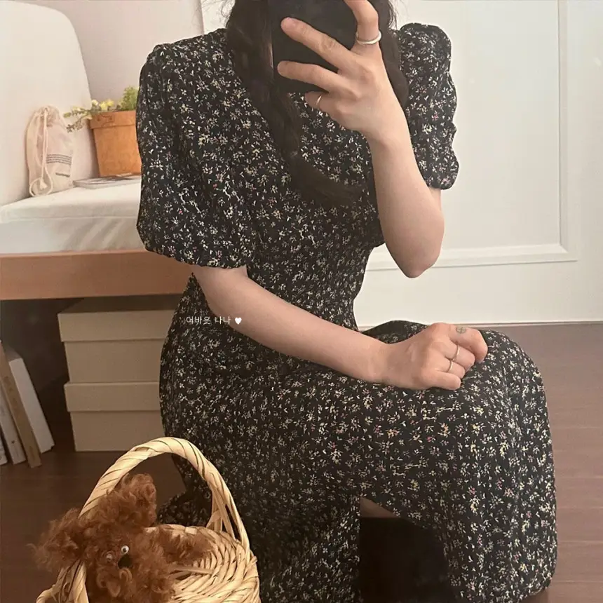 퍼프소매 슬릿 플라워 쉬폰 원피스 상세 이미지 26