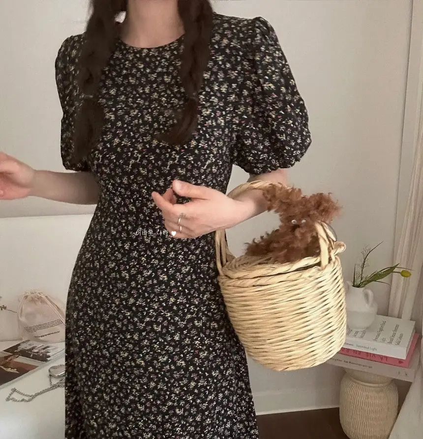 퍼프소매 슬릿 플라워 쉬폰 원피스 상세 이미지 35