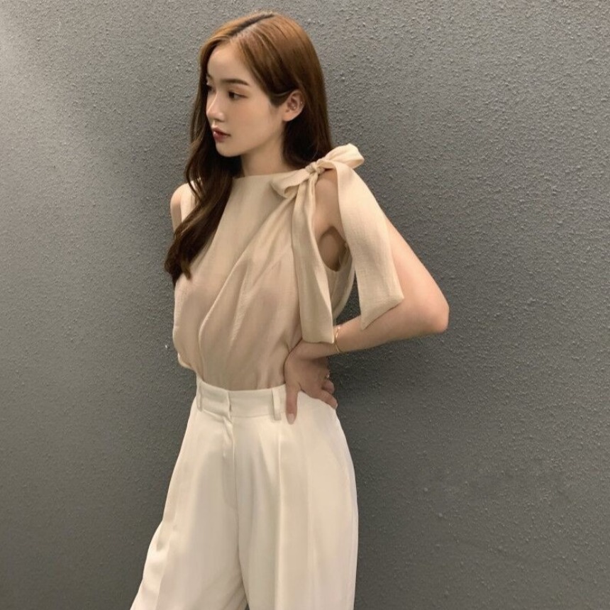 있음 선적 사이즈 업데이트 한국 chic 여름 새로운 품격 달콤함 나비 넥타이 민소매 셔츠 맨위